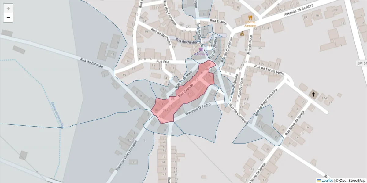 Mapa detalhado do código postal 7700-311 com limites, códigos postais vizinhos e agências dos correios
