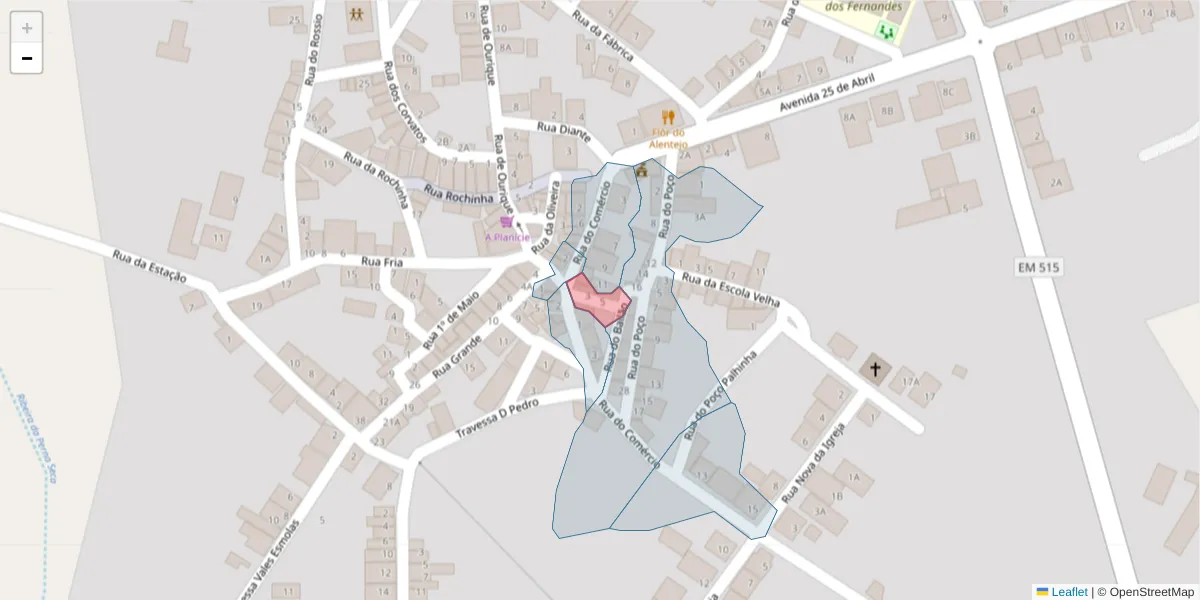 Mapa detalhado do código postal 7700-318 com limites, códigos postais vizinhos e agências dos correios