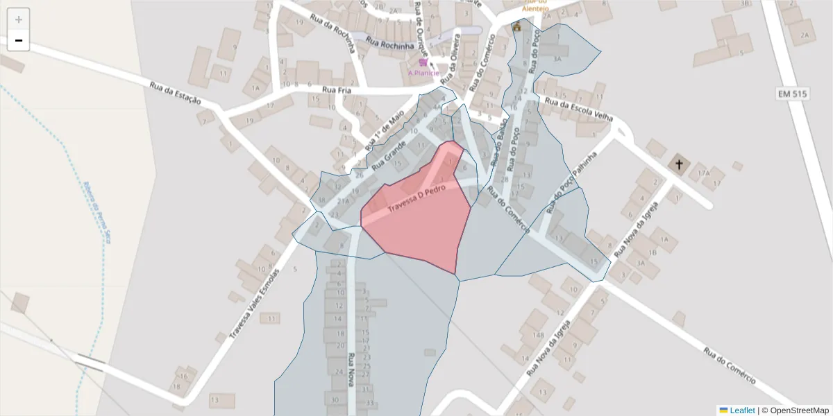 Mapa detalhado do código postal 7700-323 com limites, códigos postais vizinhos e agências dos correios