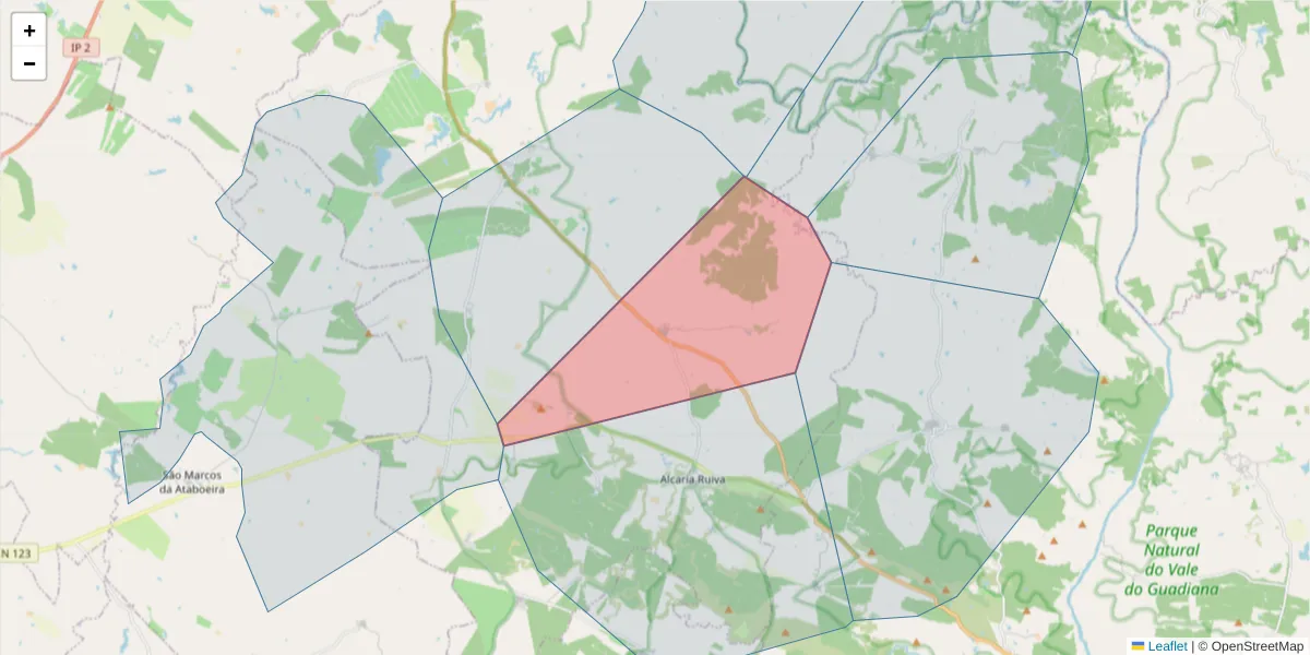 Mapa detalhado do código postal 7750-014 com limites, códigos postais vizinhos e agências dos correios