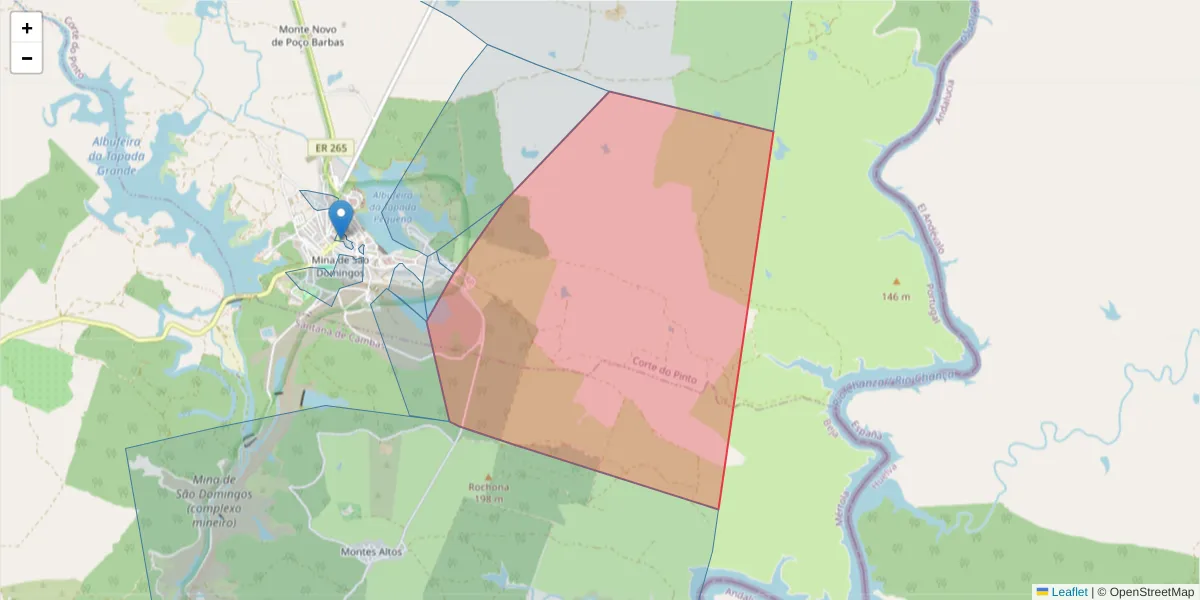 Mapa detalhado do código postal 7750-121 com limites, códigos postais vizinhos e agências dos correios