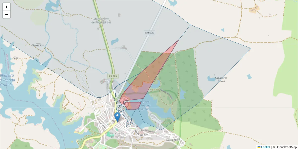 Mapa detalhado do código postal 7750-133 com limites, códigos postais vizinhos e agências dos correios
