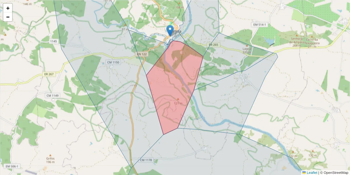Mapa detalhado do código postal 7750-301 com limites, códigos postais vizinhos e agências dos correios