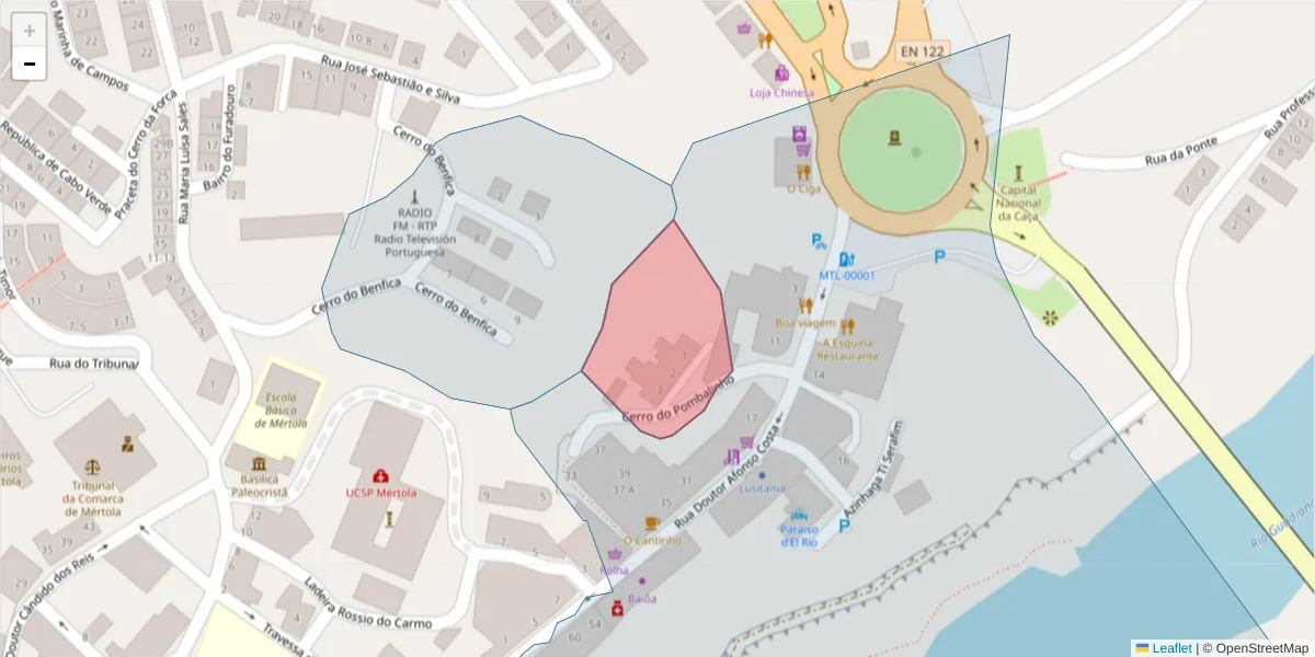 Mapa detalhado do código postal 7750-309 com limites, códigos postais vizinhos e agências dos correios