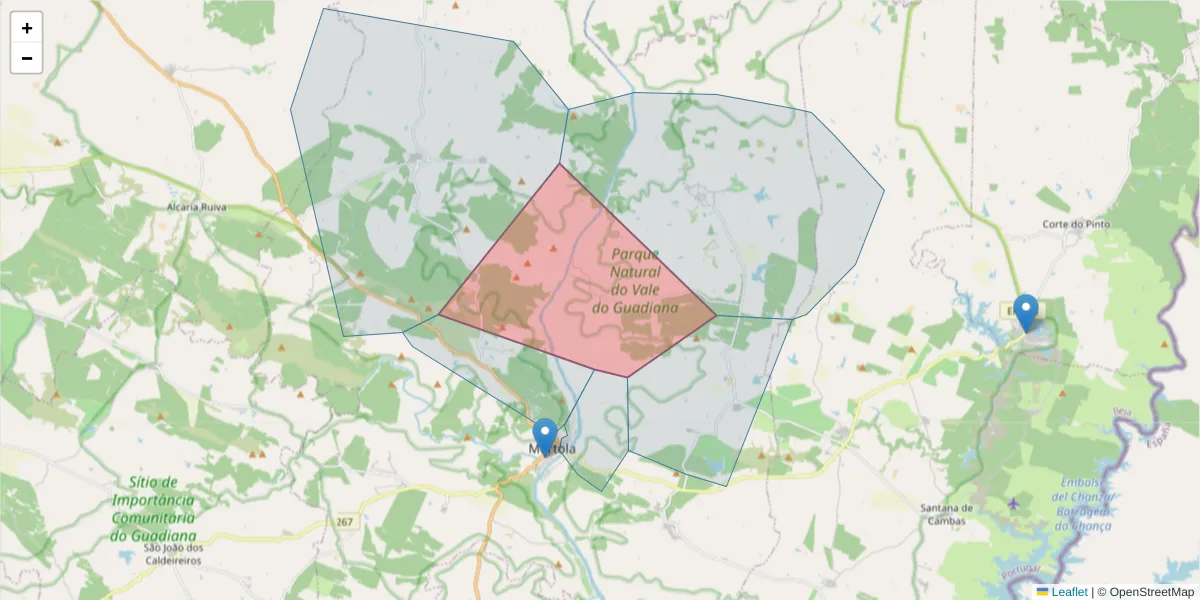 Mapa detalhado do código postal 7750-310 com limites, códigos postais vizinhos e agências dos correios
