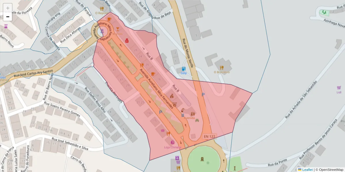 Mapa detalhado do código postal 7750-320 com limites, códigos postais vizinhos e agências dos correios