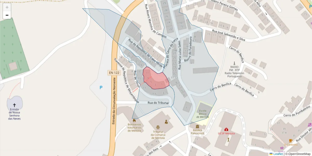 Mapa detalhado do código postal 7750-331 com limites, códigos postais vizinhos e agências dos correios
