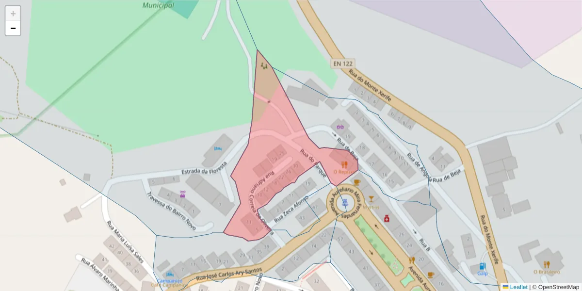 Mapa detalhado do código postal 7750-334 com limites, códigos postais vizinhos e agências dos correios