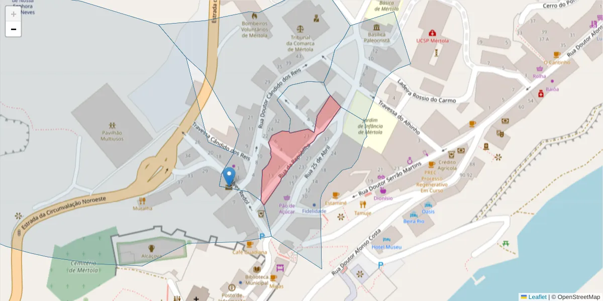 Mapa detalhado do código postal 7750-340 com limites, códigos postais vizinhos e agências dos correios