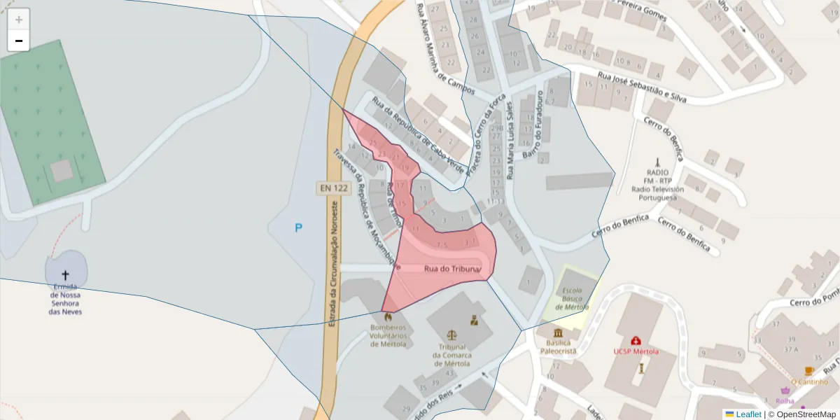 Mapa detalhado do código postal 7750-347 com limites, códigos postais vizinhos e agências dos correios