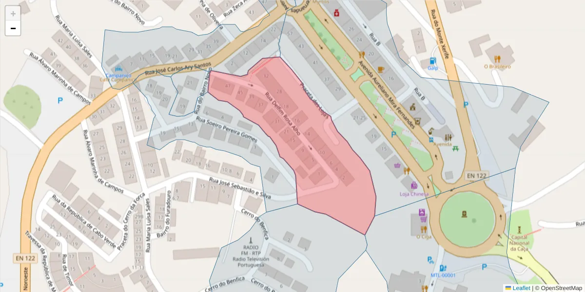 Mapa detalhado do código postal 7750-348 com limites, códigos postais vizinhos e agências dos correios
