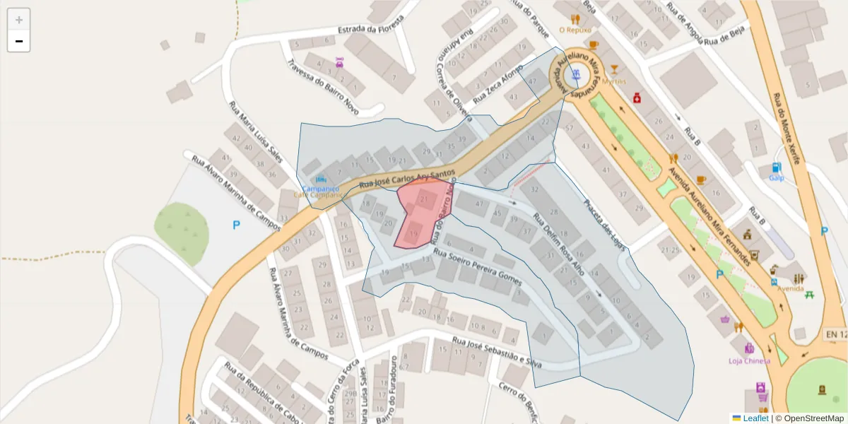Mapa detalhado do código postal 7750-349 com limites, códigos postais vizinhos e agências dos correios