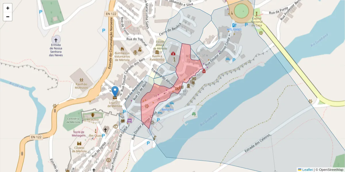 Mapa detalhado do código postal 7750-355 com limites, códigos postais vizinhos e agências dos correios