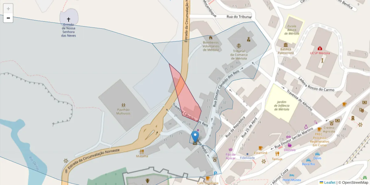 Mapa detalhado do código postal 7750-365 com limites, códigos postais vizinhos e agências dos correios