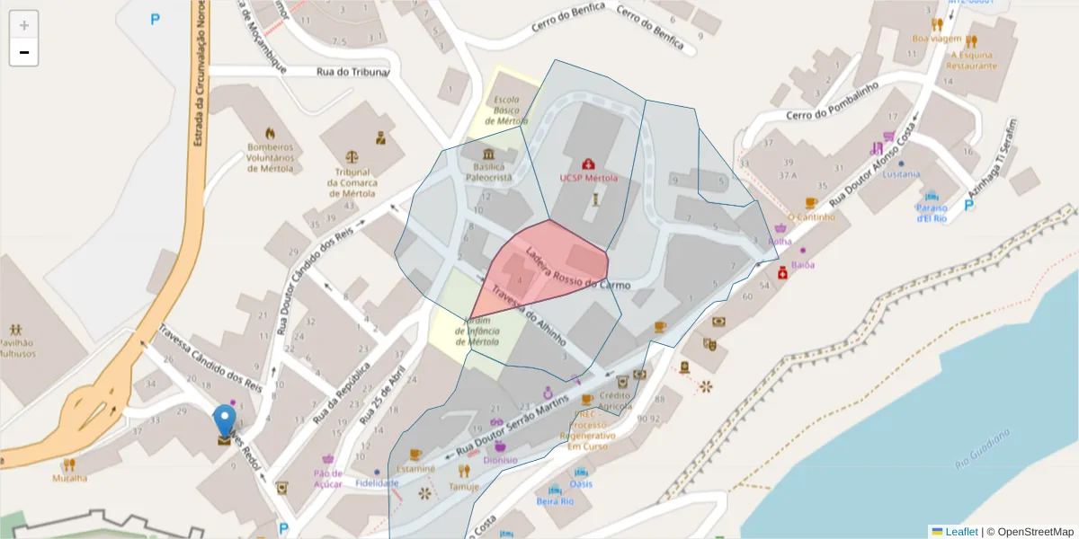 Mapa detalhado do código postal 7750-368 com limites, códigos postais vizinhos e agências dos correios