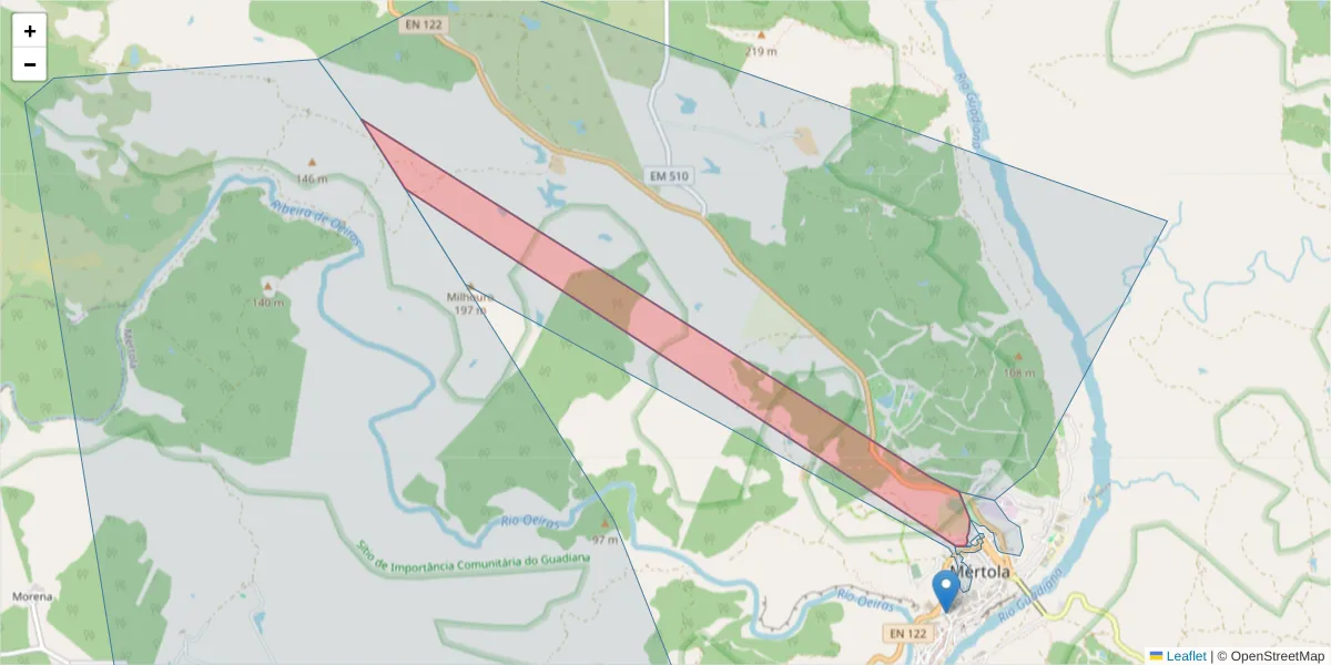 Mapa detalhado do código postal 7750-390 com limites, códigos postais vizinhos e agências dos correios