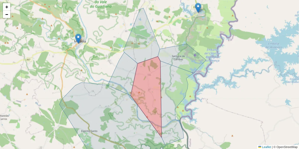 Mapa detalhado do código postal 7750-402 com limites, códigos postais vizinhos e agências dos correios