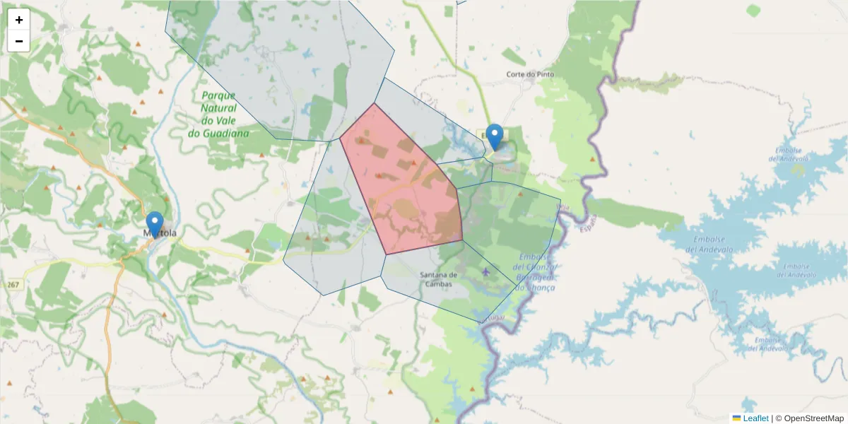 Mapa detalhado do código postal 7750-407 com limites, códigos postais vizinhos e agências dos correios