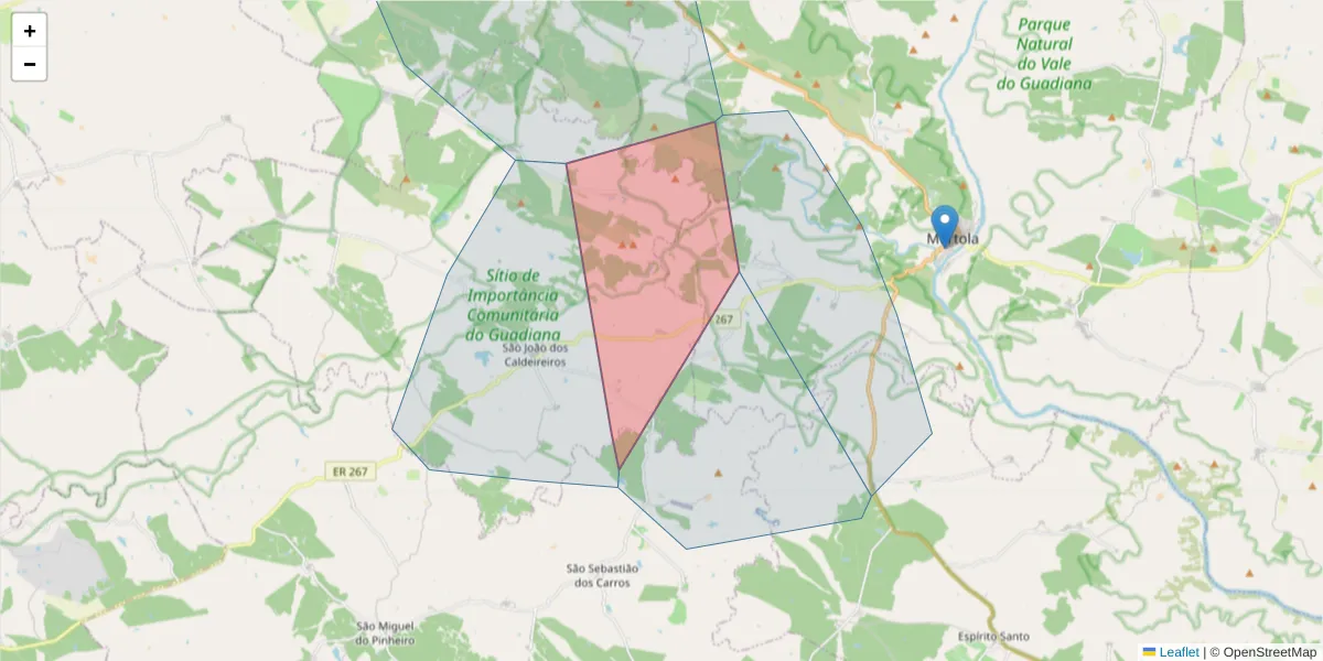 Mapa detalhado do código postal 7750-505 com limites, códigos postais vizinhos e agências dos correios
