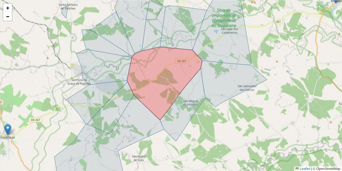 Mapa detalhado do código postal 7750-601 com limites, códigos postais vizinhos e agências dos correios
