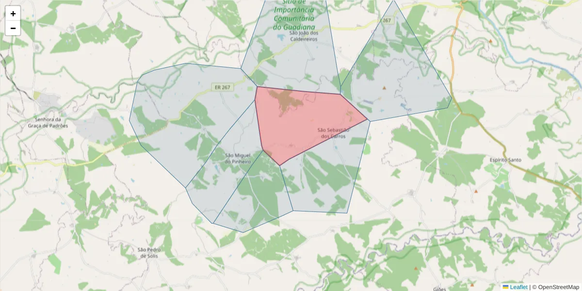 Mapa detalhado do código postal 7750-610 com limites, códigos postais vizinhos e agências dos correios