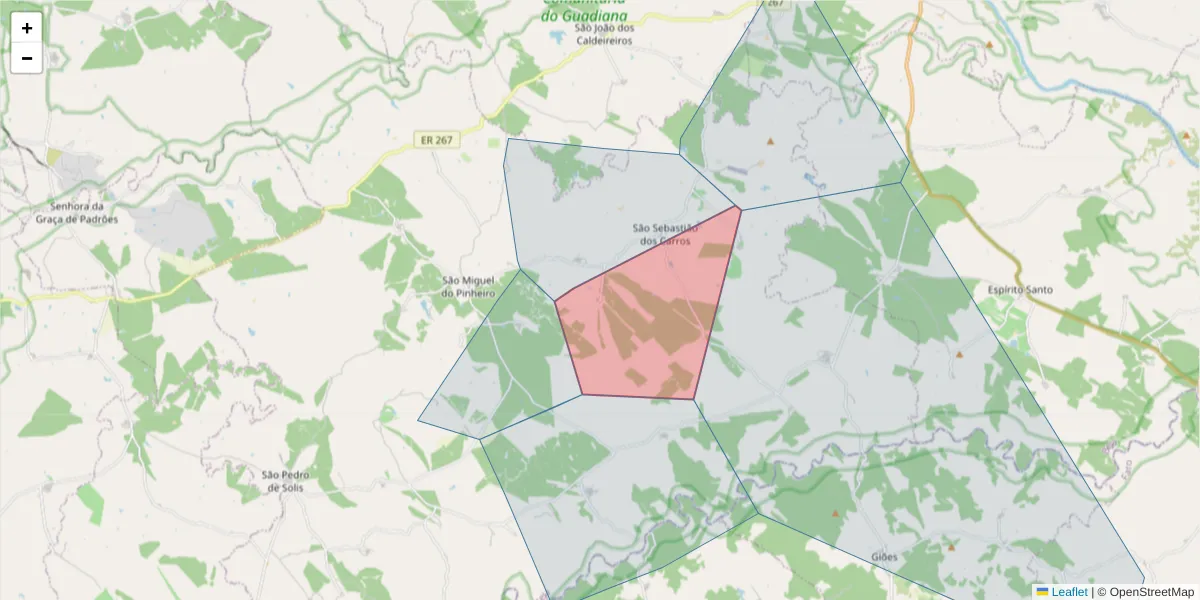 Mapa detalhado do código postal 7750-614 com limites, códigos postais vizinhos e agências dos correios