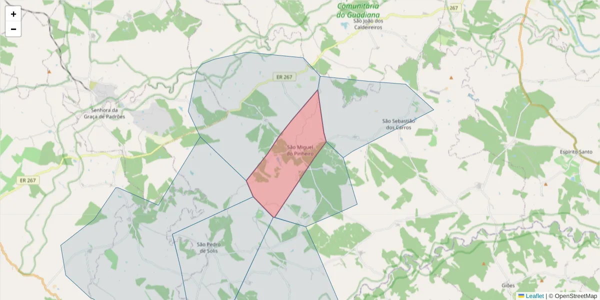 Mapa detalhado do código postal 7750-628 com limites, códigos postais vizinhos e agências dos correios