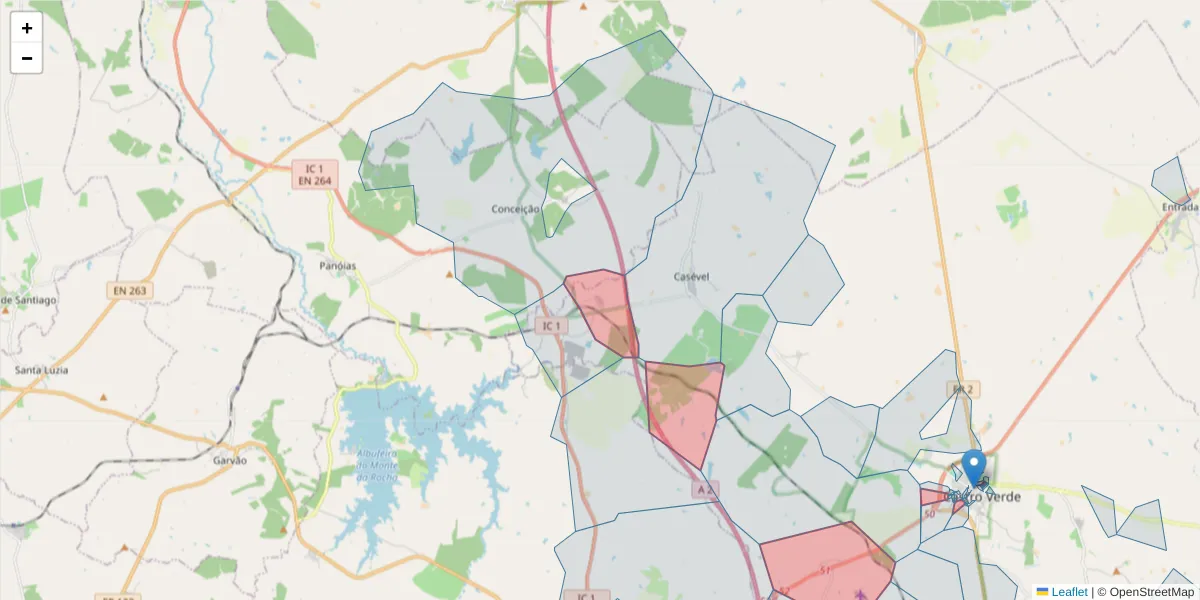 Mapa detalhado do código postal 7780-010 com limites, códigos postais vizinhos e agências dos correios