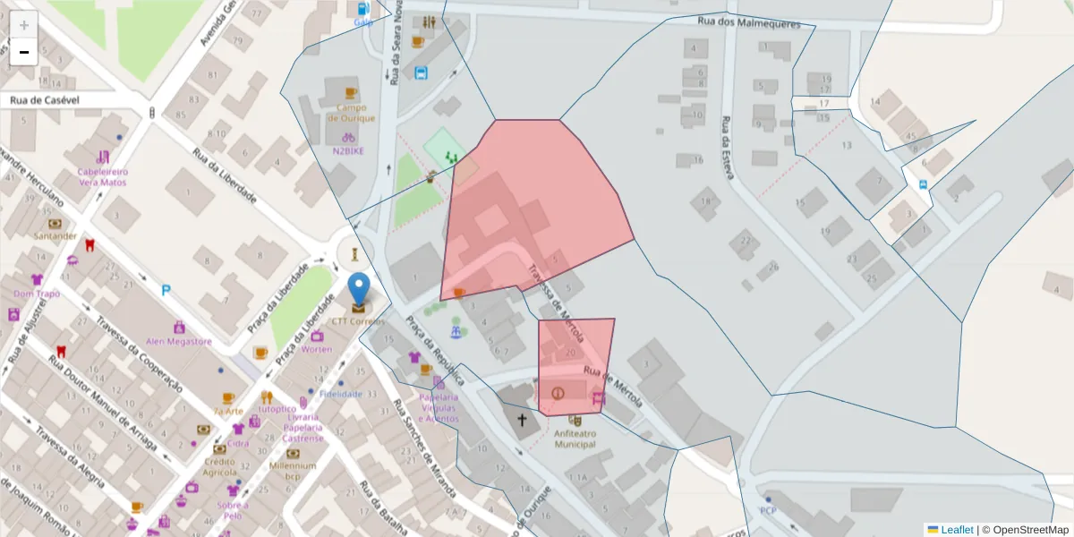 Mapa detalhado do código postal 7780-099 com limites, códigos postais vizinhos e agências dos correios