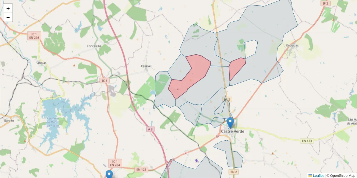 Mapa detalhado do código postal 7780-101 com limites, códigos postais vizinhos e agências dos correios