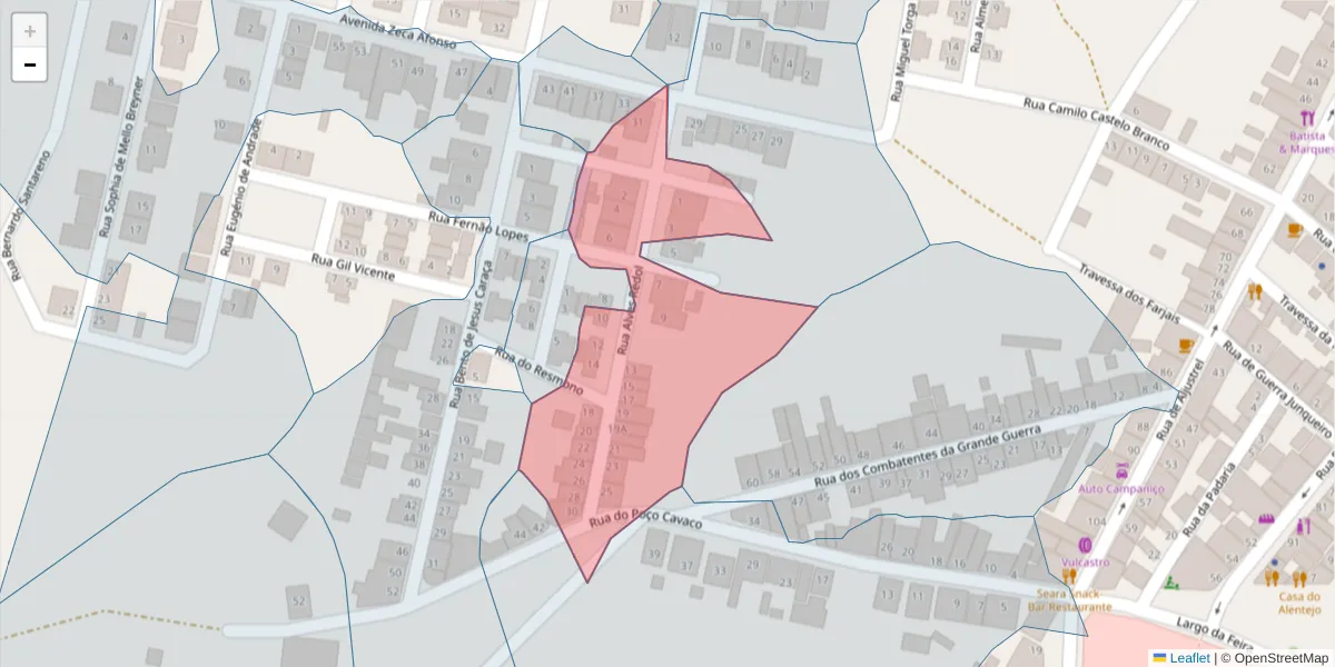 Mapa detalhado do código postal 7780-143 com limites, códigos postais vizinhos e agências dos correios