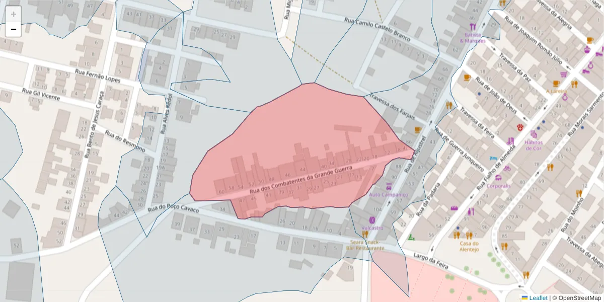 Mapa detalhado do código postal 7780-152 com limites, códigos postais vizinhos e agências dos correios