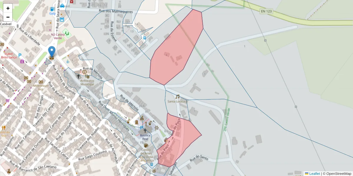Mapa detalhado do código postal 7780-179 com limites, códigos postais vizinhos e agências dos correios