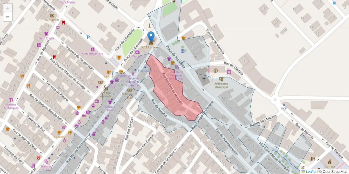 Mapa detalhado do código postal 7780-204 com limites, códigos postais vizinhos e agências dos correios