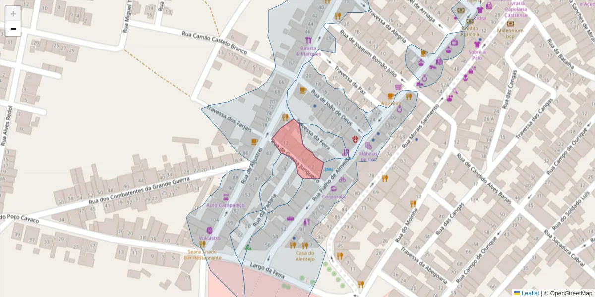 Mapa detalhado do código postal 7780-210 com limites, códigos postais vizinhos e agências dos correios
