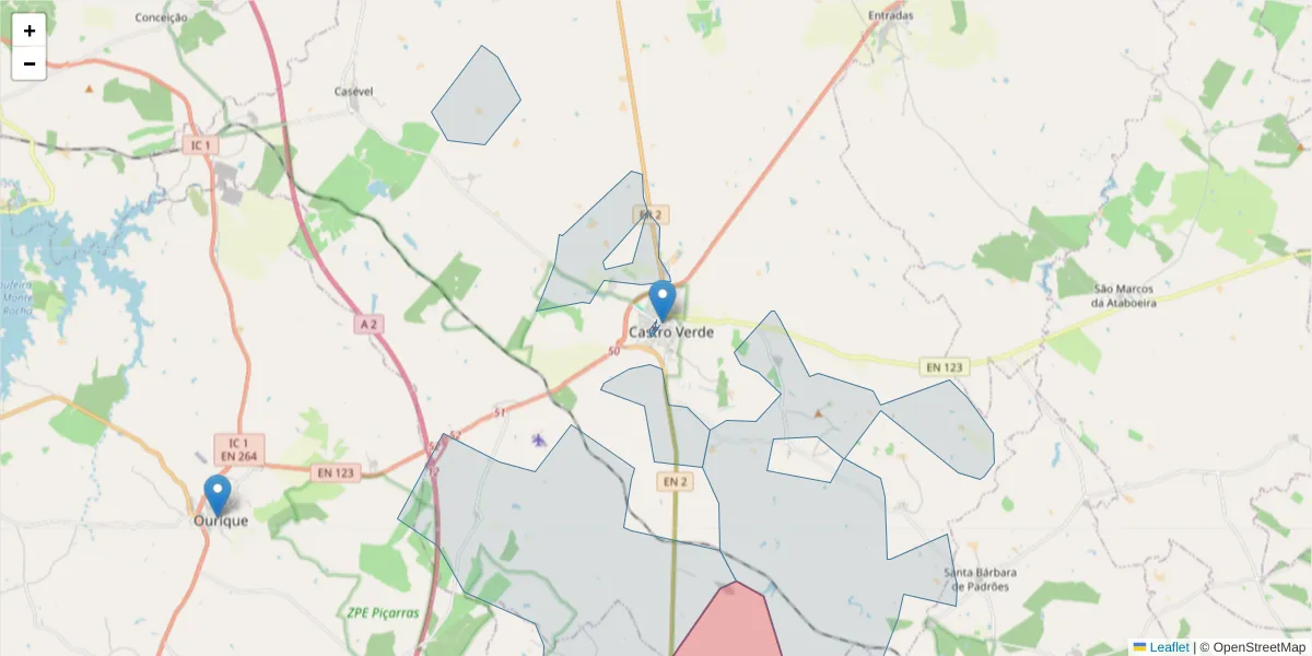 Mapa detalhado do código postal 7780-214 com limites, códigos postais vizinhos e agências dos correios