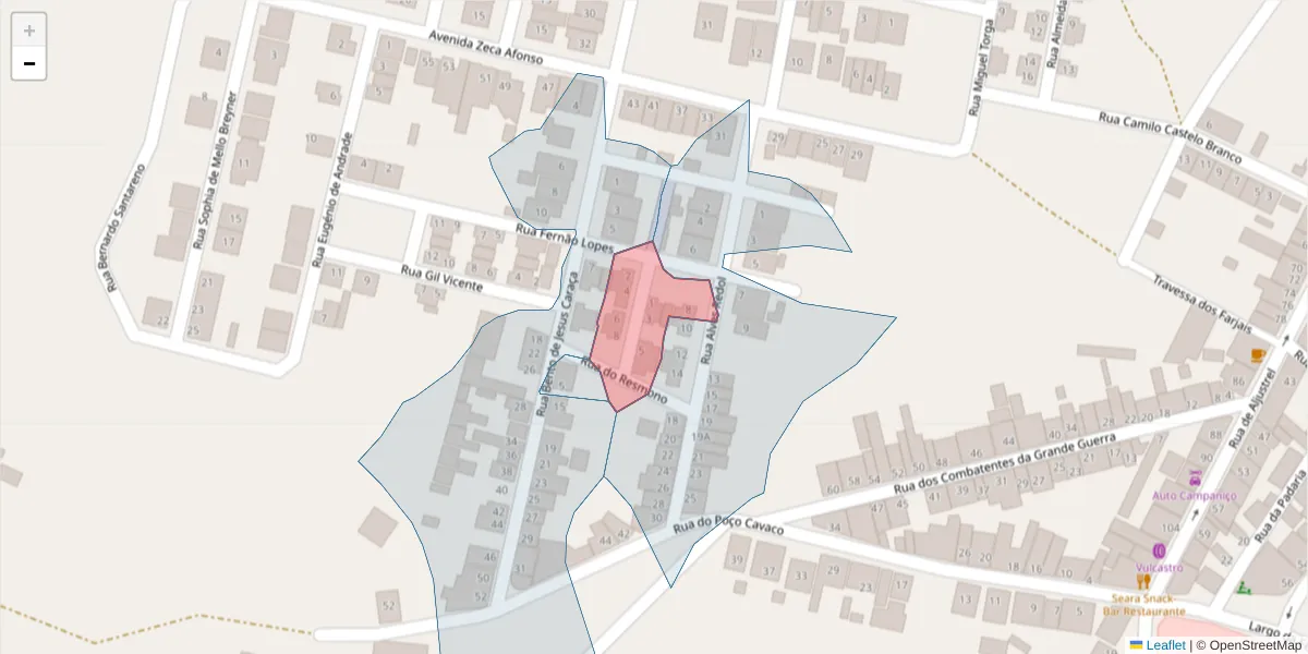 Mapa detalhado do código postal 7780-215 com limites, códigos postais vizinhos e agências dos correios