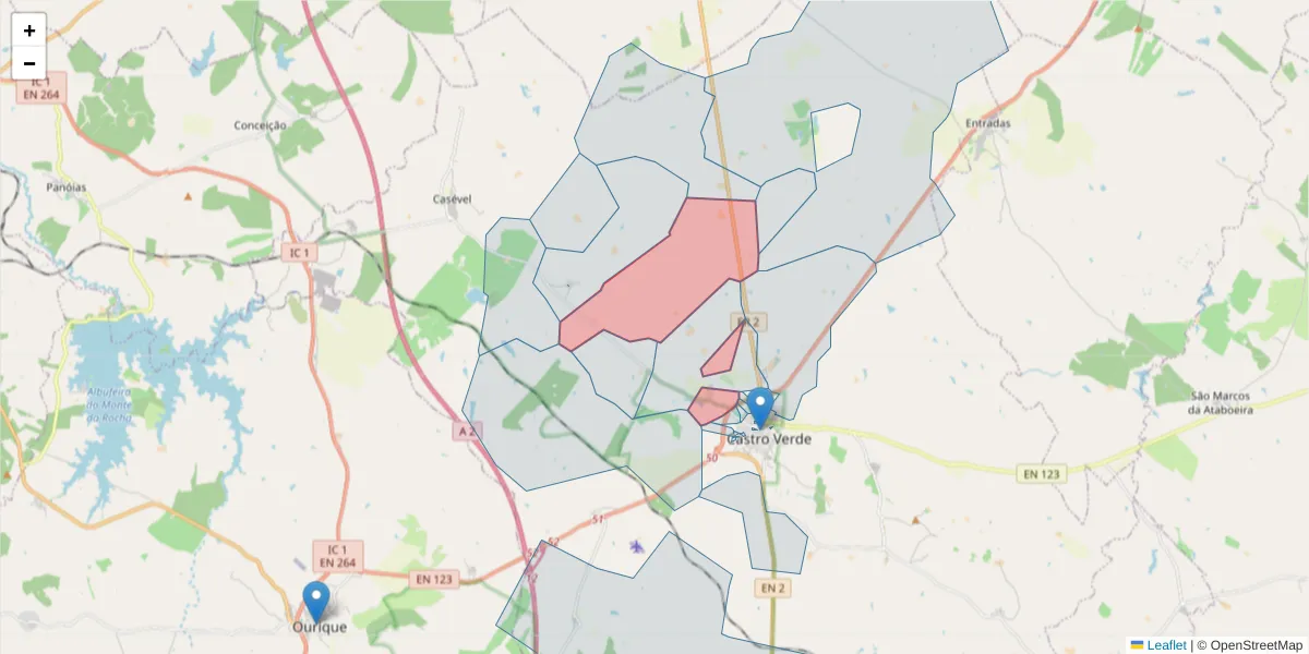 Mapa detalhado do código postal 7780-255 com limites, códigos postais vizinhos e agências dos correios