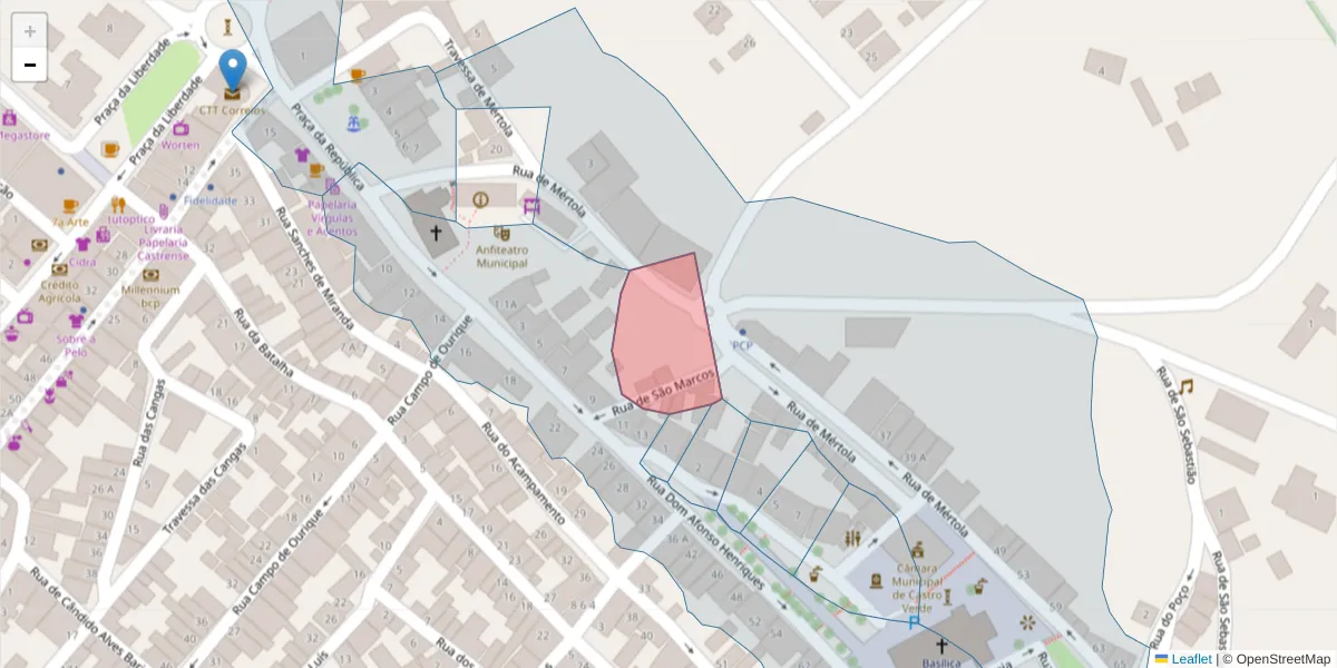 Mapa detalhado do código postal 7780-293 com limites, códigos postais vizinhos e agências dos correios