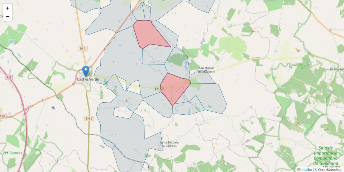 Mapa detalhado do código postal 7780-301 com limites, códigos postais vizinhos e agências dos correios