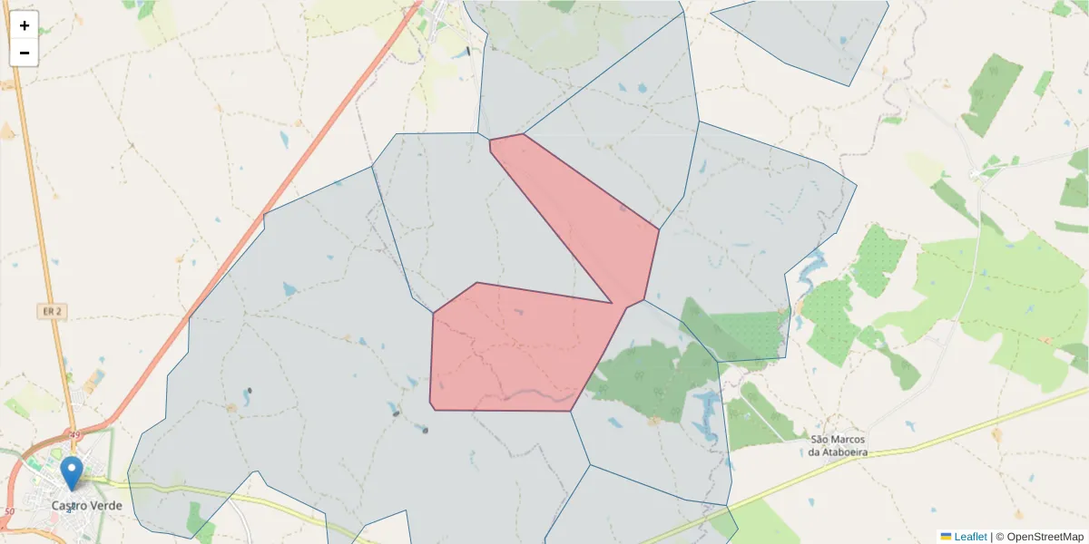 Mapa detalhado do código postal 7780-304 com limites, códigos postais vizinhos e agências dos correios