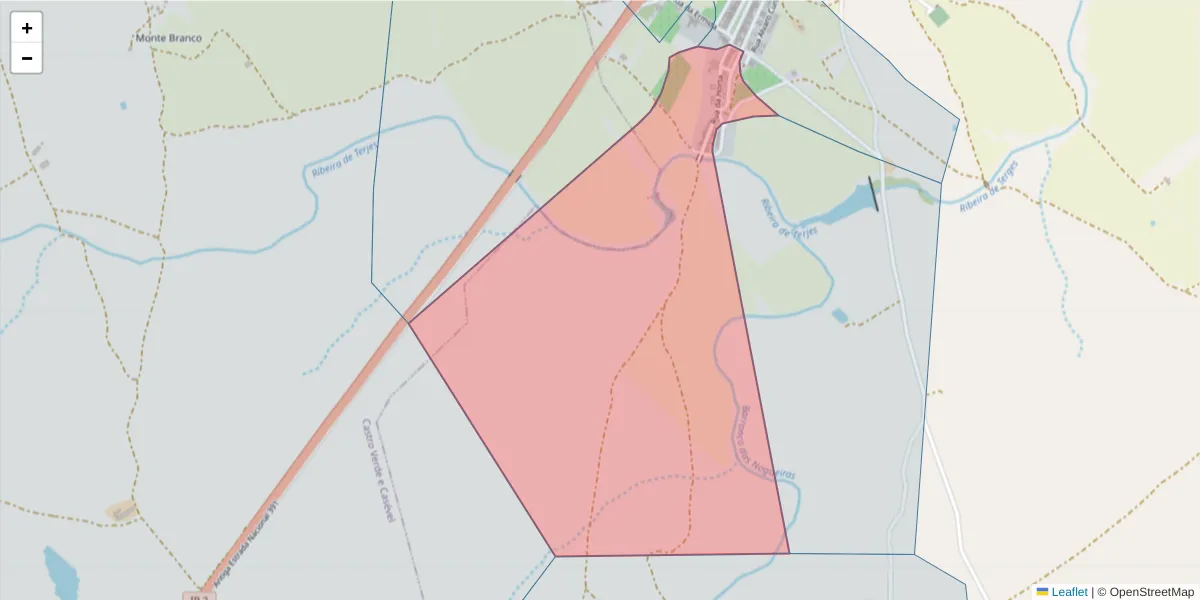 Mapa detalhado do código postal 7780-348 com limites, códigos postais vizinhos e agências dos correios