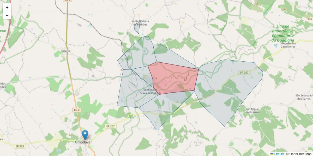 Mapa detalhado do código postal 7780-401 com limites, códigos postais vizinhos e agências dos correios