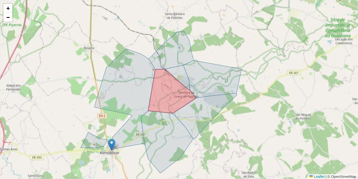 Mapa detalhado do código postal 7780-407 com limites, códigos postais vizinhos e agências dos correios