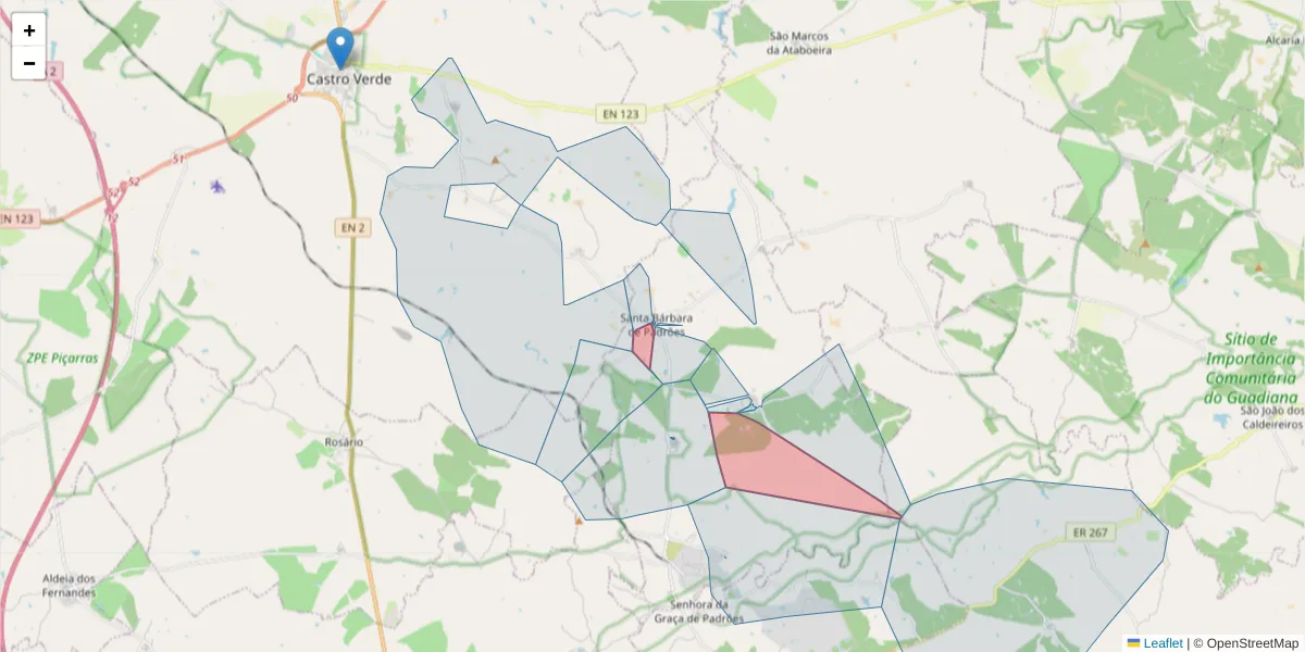 Mapa detalhado do código postal 7780-450 com limites, códigos postais vizinhos e agências dos correios