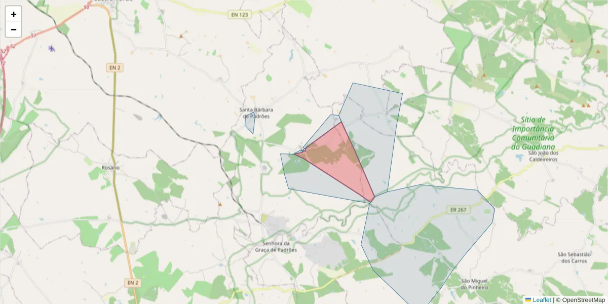 Mapa detalhado do código postal 7780-477 com limites, códigos postais vizinhos e agências dos correios