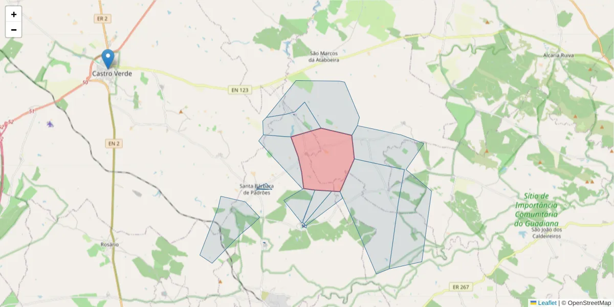 Mapa detalhado do código postal 7780-491 com limites, códigos postais vizinhos e agências dos correios