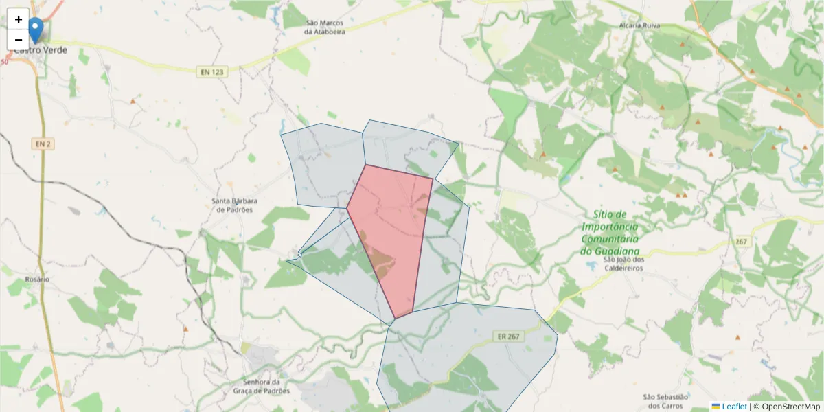 Mapa detalhado do código postal 7780-502 com limites, códigos postais vizinhos e agências dos correios