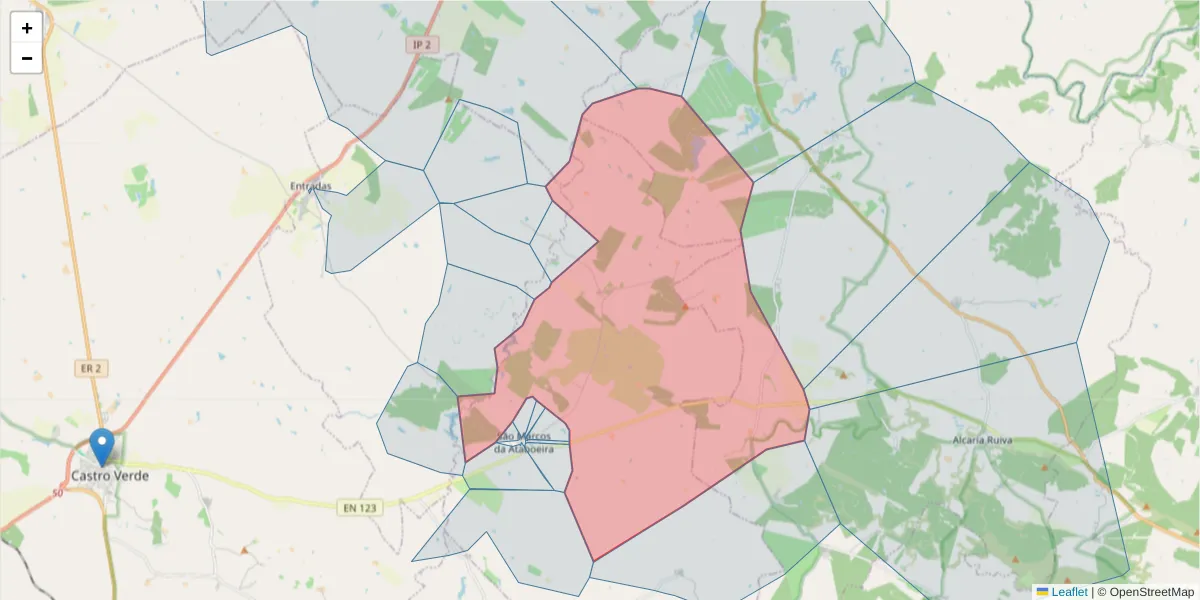 Mapa detalhado do código postal 7780-504 com limites, códigos postais vizinhos e agências dos correios