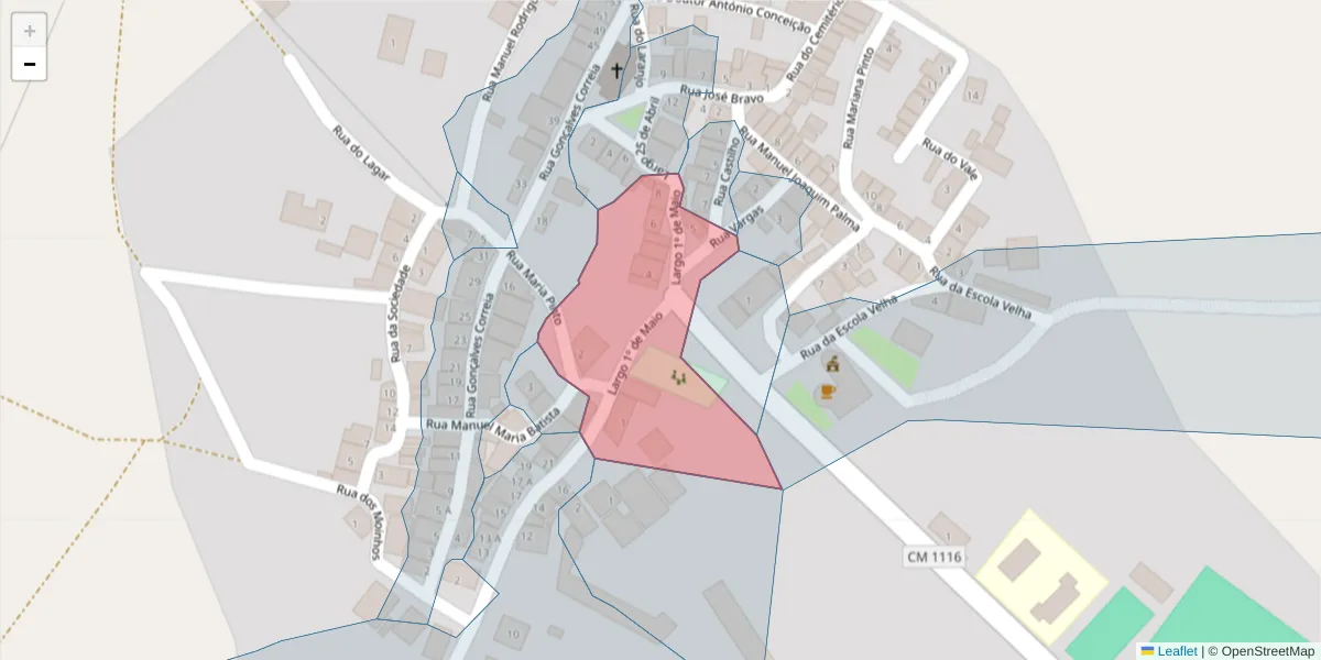 Mapa detalhado do código postal 7780-521 com limites, códigos postais vizinhos e agências dos correios